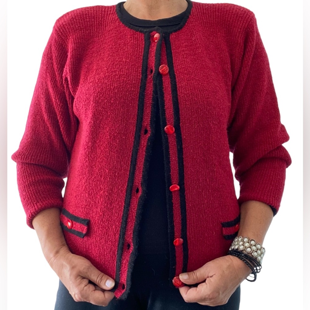 Vintage retro knit cardigan red, black trim Jackie O style, EUC Size S/M